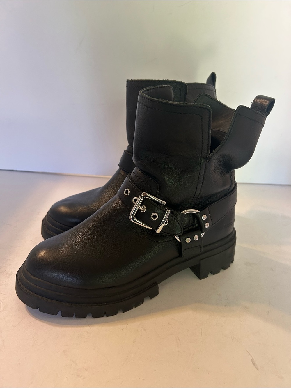 Aldo Black Leather Buckle Moto Combat Boots - 7.5 or 38